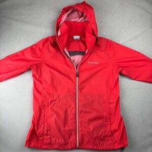 Columbia Jacket Women L Hooded Full Zip Packable Rain Hiking Windbreaker Outdoor